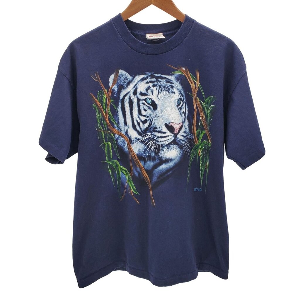 Wild Wear Vintage White Tiger Graphic T-Shirt XL Navy‎ Blue 100% Cotton Made USA